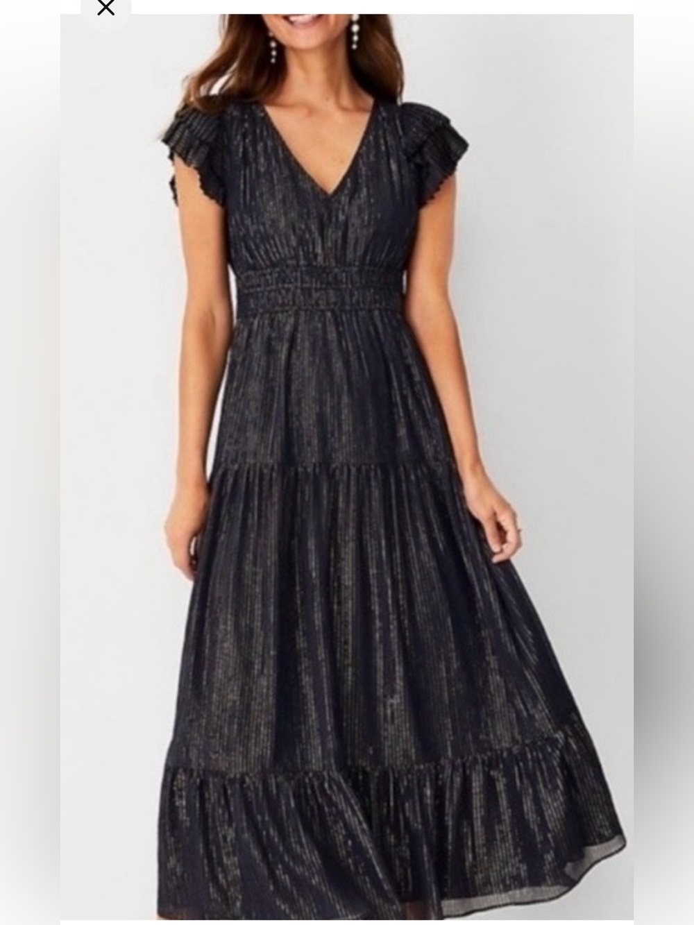 New! Ann Taylor SZ 10, navy shimmery pleated cap sleeve dress. - Picture 1 of 11